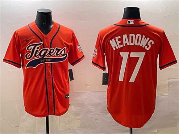 Men%27s Detroit Tigers #17 Parker Meadows Orange With Patch Cool Base Stitched Jersey